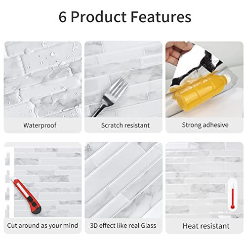 WalDecoo Marble Peel and Stick Backsplash, 10-Sheet Premium 3D Self Adhesive Tiles for Kitchen Stick on Backsplash, Marble Look Decorative Tiles - Image 3
