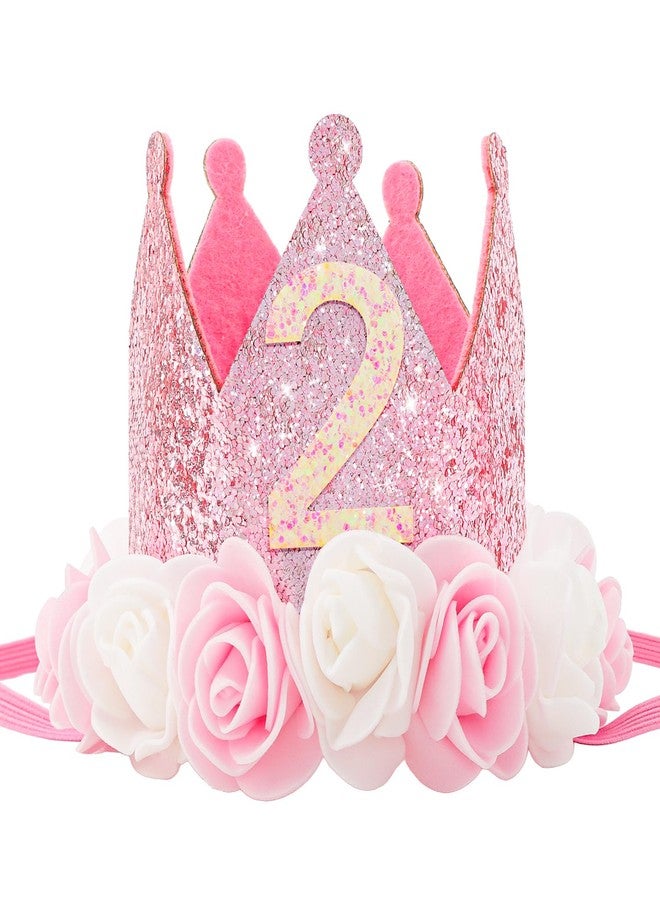 SuPoo 2nd Birthday Decorations for Girl 2 Sequin Birthday Crown Glitter Princess Tiara Headband Hat Rose Flower Party Decorations Outfit Girl Second Year Old Gifts Pink Photo Props - Image 1