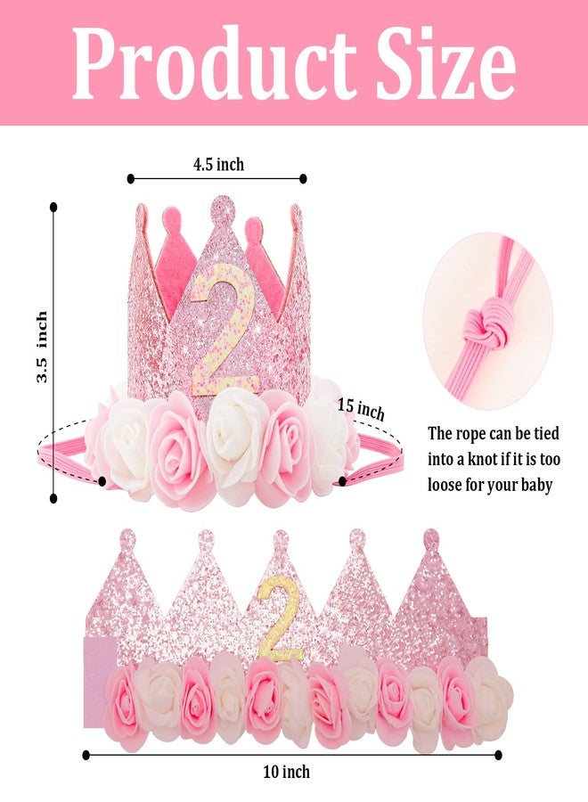 SuPoo 2nd Birthday Decorations for Girl 2 Sequin Birthday Crown Glitter Princess Tiara Headband Hat Rose Flower Party Decorations Outfit Girl Second Year Old Gifts Pink Photo Props - Image 2