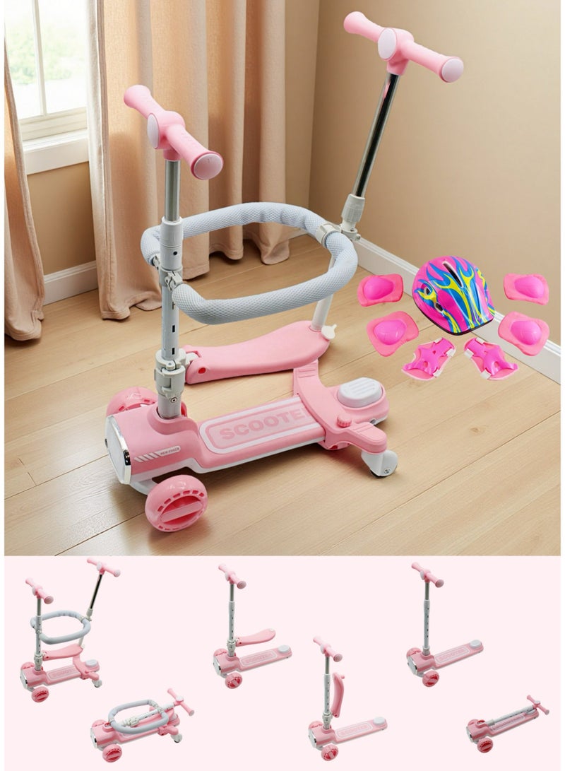 إيزي فيتشور سكوتر ركل سهل الاستخدام 4 في 1 للأطفال الصغار مع مقعد، سكوتر ثلاثي العجلات قابل للطي للأطفال، قضيب دفع للوالدين وسياج للأطفال 360 درجة، سكوتر آمن للأولاد والبنات من عمر 1 إلى 12 عامًا بما في ذلك مجموعة معدات الحماية الكاملة - Image 1