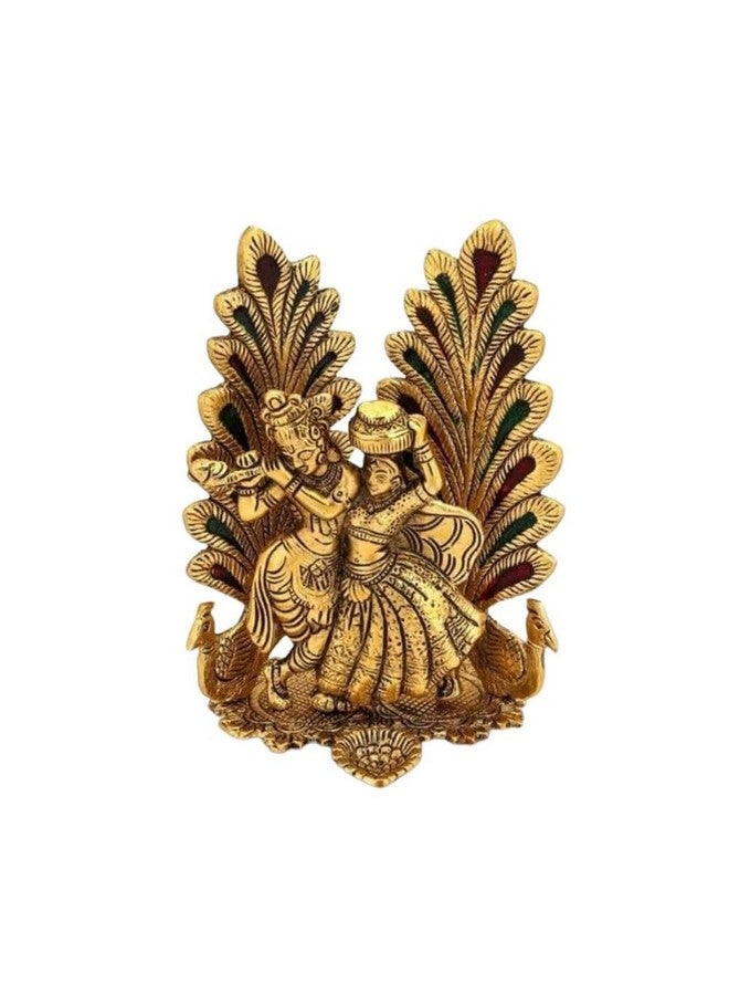 Collectible India Peacock Design Radha Krishna Idol Showpiece with Diya for Puja and Home Decor (8 x 6 Inches), Metal, Gold (1 Piece) - Image 2