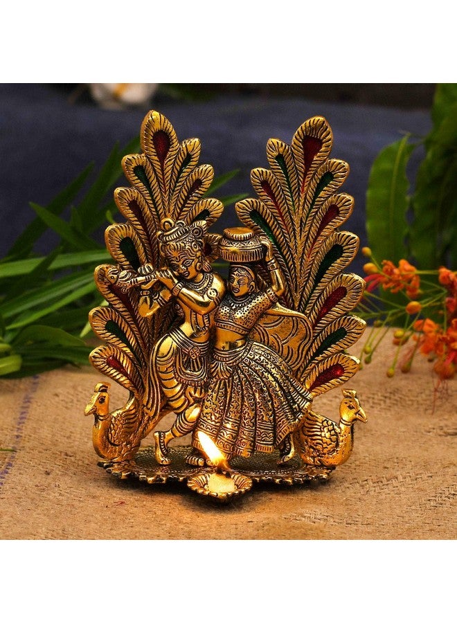Collectible India Peacock Design Radha Krishna Idol Showpiece with Diya for Puja and Home Decor (8 x 6 Inches), Metal, Gold (1 Piece) - Image 5