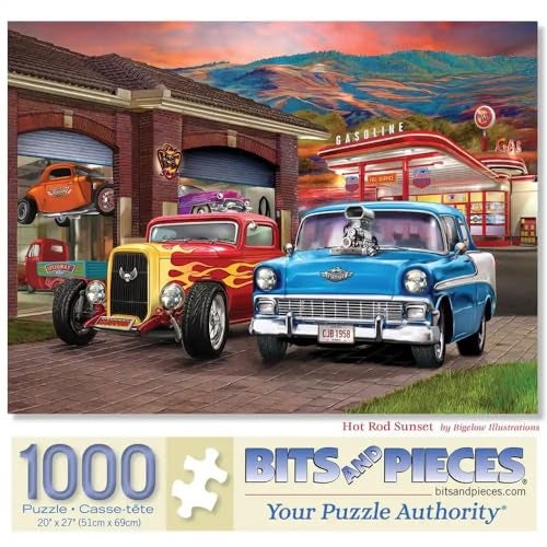 Bits and Pieces 1000 Piece Puzzles for Adults Large 20 x 27 Jigsaw Puzzles 1000 Pieces Classic Cars Hot Rods Random Die Cut No 2 Pieces Alike Hot Rod Sunset - Image 1