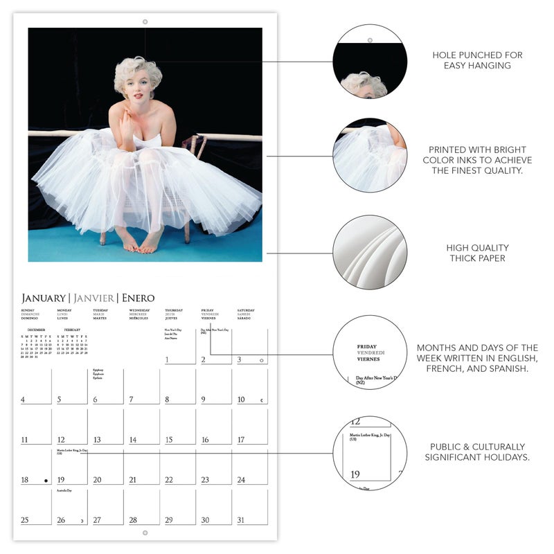 Graphique 2026 Marilyn Monroe Mini Wall Calendar | 7â€ x 7â€ | Thick Paper | Home & Office Organizer | Large Monthly Grid | 3 Languages & Marked Holidays | 4 Month Preview Page for 2027 - Image 3
