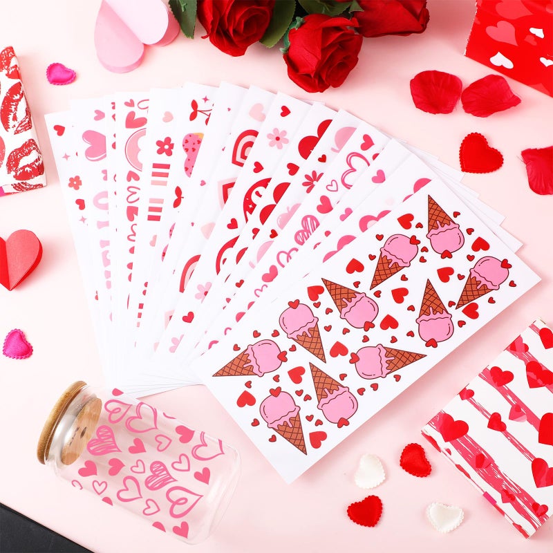 Resurhang 15 Sheets Valentine's Day UV Dtf Cup Wrap Transfer Stickers for 16 oz Pink Heart Dtf Cup Wraps for Glass Water Bottle Waterproof Rub on Transfers Mug Decals Crafting DIY Decor - Image 5