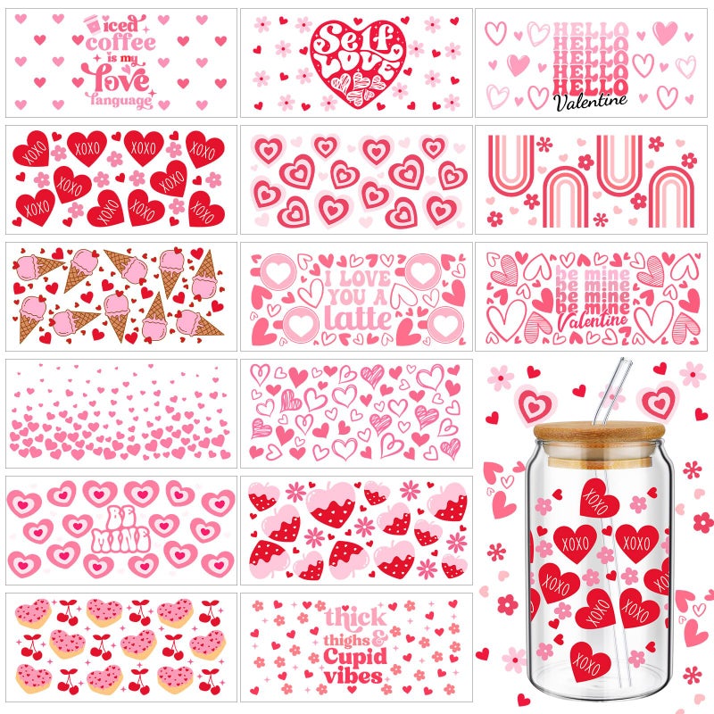 Resurhang 15 Sheets Valentine's Day UV Dtf Cup Wrap Transfer Stickers for 16 oz Pink Heart Dtf Cup Wraps for Glass Water Bottle Waterproof Rub on Transfers Mug Decals Crafting DIY Decor - Image 1
