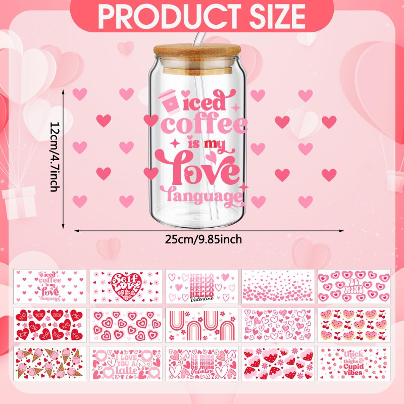 Resurhang 15 Sheets Valentine's Day UV Dtf Cup Wrap Transfer Stickers for 16 oz Pink Heart Dtf Cup Wraps for Glass Water Bottle Waterproof Rub on Transfers Mug Decals Crafting DIY Decor - Image 3