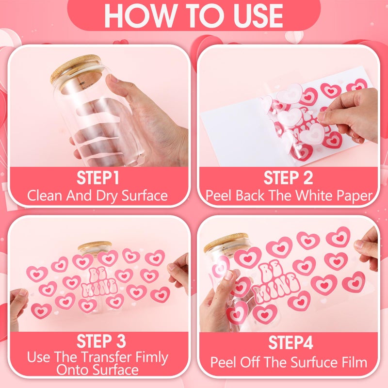 Resurhang 15 Sheets Valentine's Day UV Dtf Cup Wrap Transfer Stickers for 16 oz Pink Heart Dtf Cup Wraps for Glass Water Bottle Waterproof Rub on Transfers Mug Decals Crafting DIY Decor - Image 4