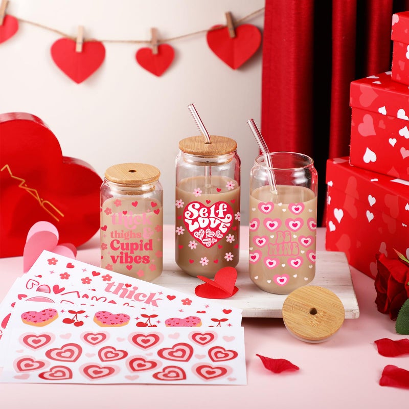 Resurhang 15 Sheets Valentine's Day UV Dtf Cup Wrap Transfer Stickers for 16 oz Pink Heart Dtf Cup Wraps for Glass Water Bottle Waterproof Rub on Transfers Mug Decals Crafting DIY Decor - Image 2