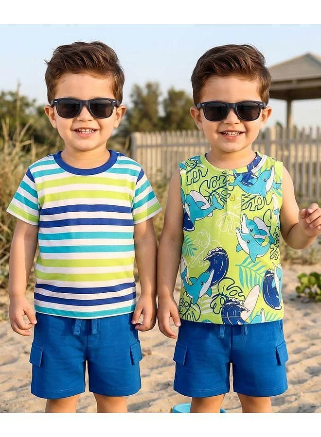 Babyhug Babyhug Single Jersey Knit Half Sleeves Striped T-Shirt & Short Set with Tee & Jungle Theme Print - Blue
