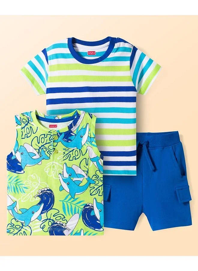 Babyhug Babyhug Single Jersey Knit Half Sleeves Striped T-Shirt & Short Set with Tee & Jungle Theme Print - Blue
