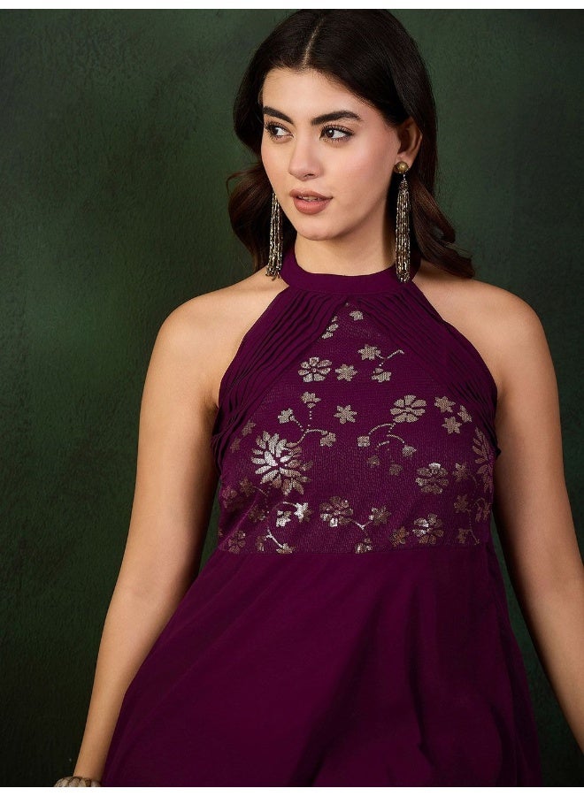 AKS Wine Sequinned Party Wear Maxi Dress  - Image 1