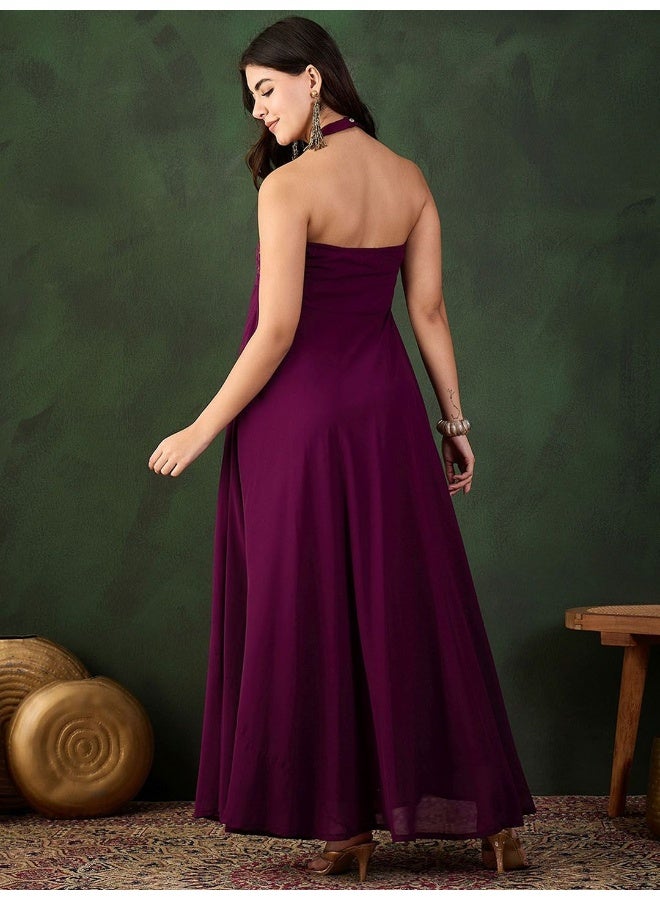 AKS Wine Sequinned Party Wear Maxi Dress  - Image 5