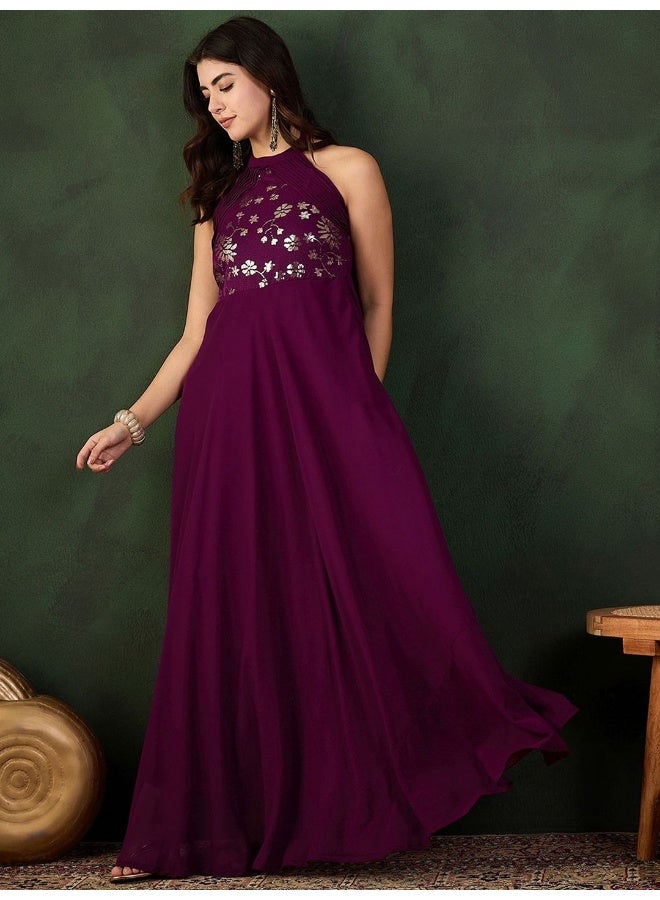 AKS Wine Sequinned Party Wear Maxi Dress  - Image 4