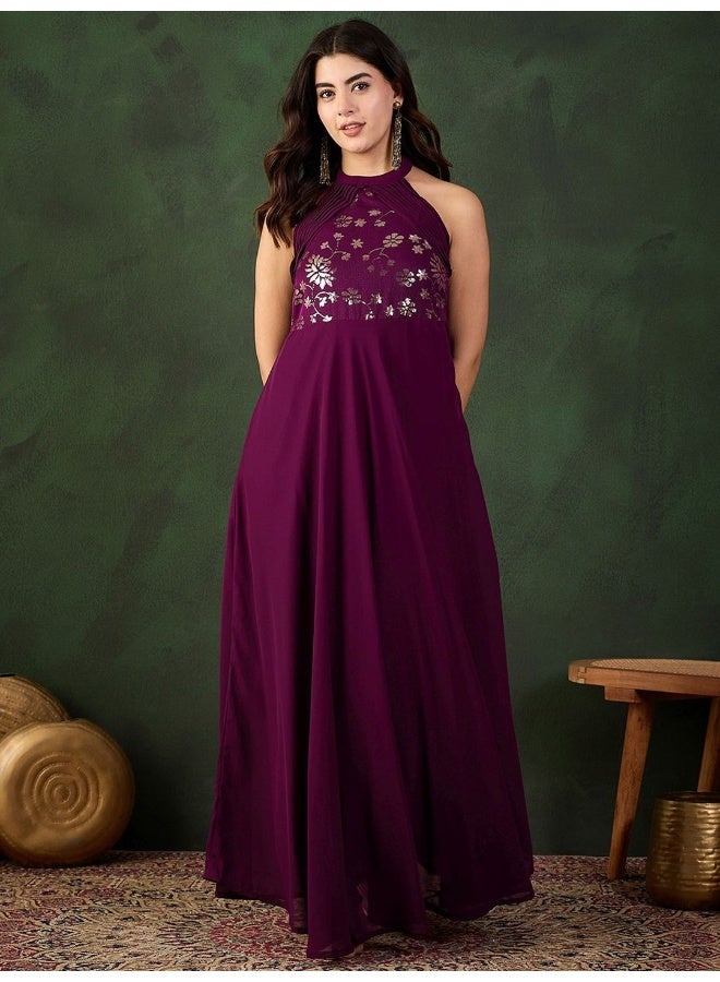 AKS Wine Sequinned Party Wear Maxi Dress  - Image 2