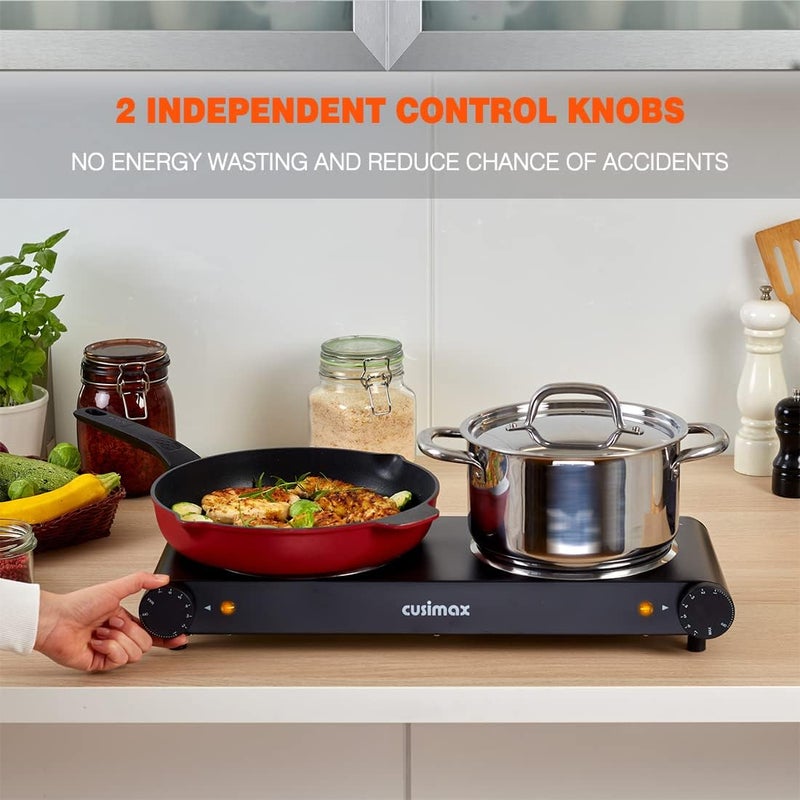 CUSIMAX Double Burner, 1800W Electric Burner Ceramic Hot Plate for Cooking, Dual Control Infrared Burner, Glass Plate Electric Cooktop, Stainless Steel-Upgraded Version - Image 4