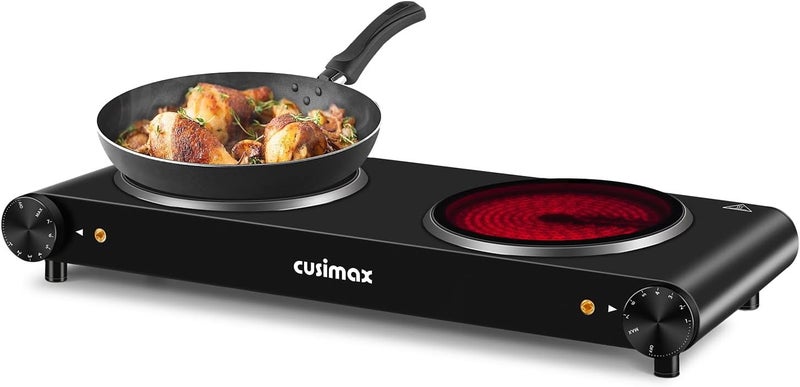 CUSIMAX Double Burner, 1800W Electric Burner Ceramic Hot Plate for Cooking, Dual Control Infrared Burner, Glass Plate Electric Cooktop, Stainless Steel-Upgraded Version - Image 1