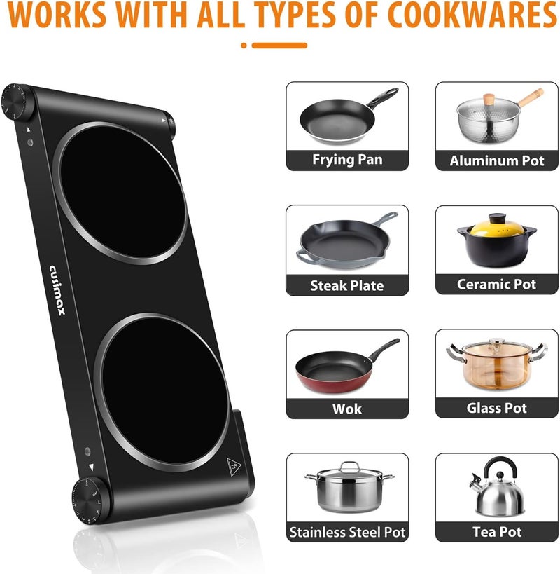 CUSIMAX Double Burner, 1800W Electric Burner Ceramic Hot Plate for Cooking, Dual Control Infrared Burner, Glass Plate Electric Cooktop, Stainless Steel-Upgraded Version - Image 3