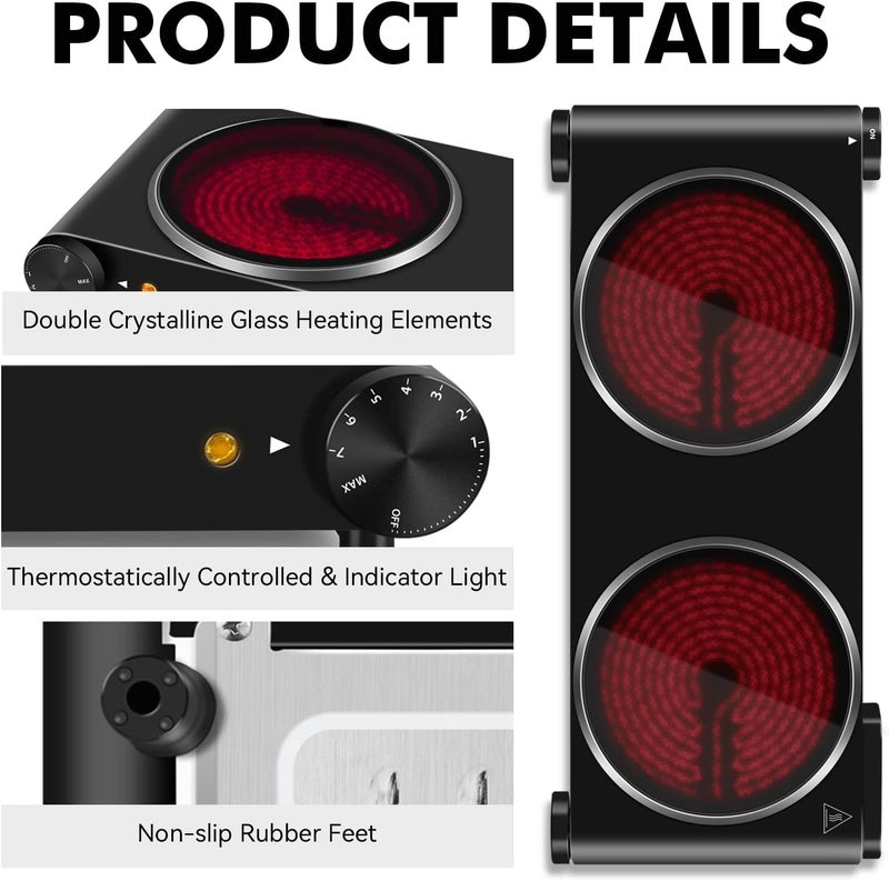 CUSIMAX Double Burner, 1800W Electric Burner Ceramic Hot Plate for Cooking, Dual Control Infrared Burner, Glass Plate Electric Cooktop, Stainless Steel-Upgraded Version - Image 2