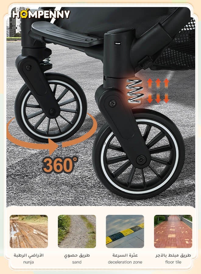 Hompenny Lightweight Travel Baby Stroller – One-Click Folding, Adjustable Backrest & Canopy, Soft Fabric, 360° Swivel Front Wheels, Suitable for 0-6 Years, Supports Up to 60KG, Grey Baby Stroller, Allowed on the Plane - Image 4