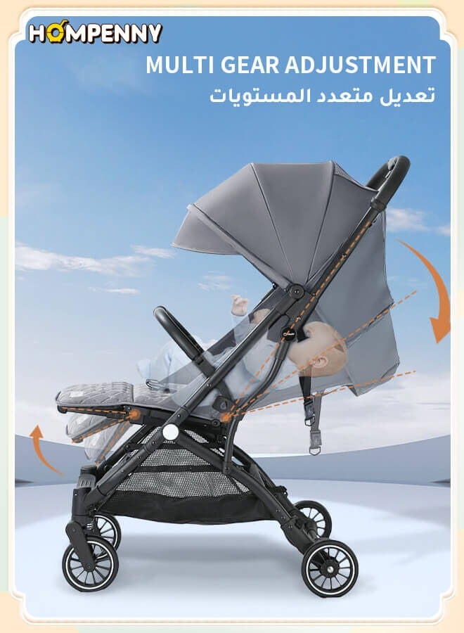 Hompenny Lightweight Travel Baby Stroller – One-Click Folding, Adjustable Backrest & Canopy, Soft Fabric, 360° Swivel Front Wheels, Suitable for 0-6 Years, Supports Up to 60KG, Grey Baby Stroller, Allowed on the Plane - Image 2