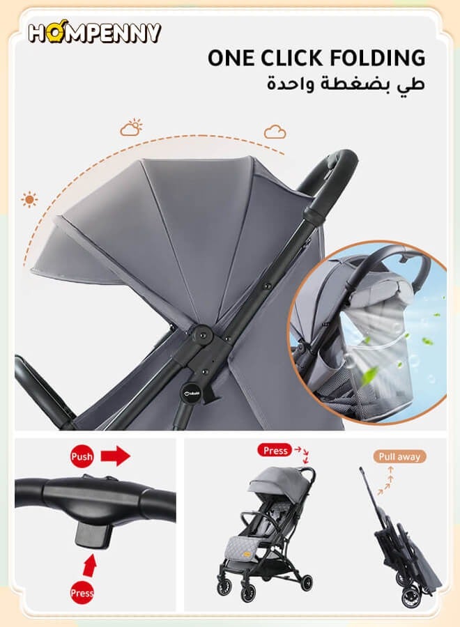Hompenny Lightweight Travel Baby Stroller – One-Click Folding, Adjustable Backrest & Canopy, Soft Fabric, 360° Swivel Front Wheels, Suitable for 0-6 Years, Supports Up to 60KG, Grey Baby Stroller, Allowed on the Plane - Image 3