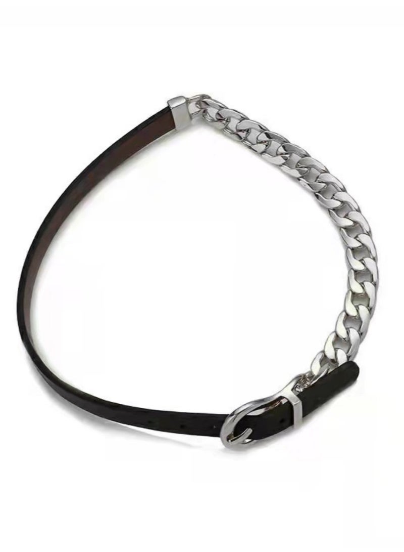 Stylish Black Leather Choker with Edgy Lock Chain necklace  - Image 1