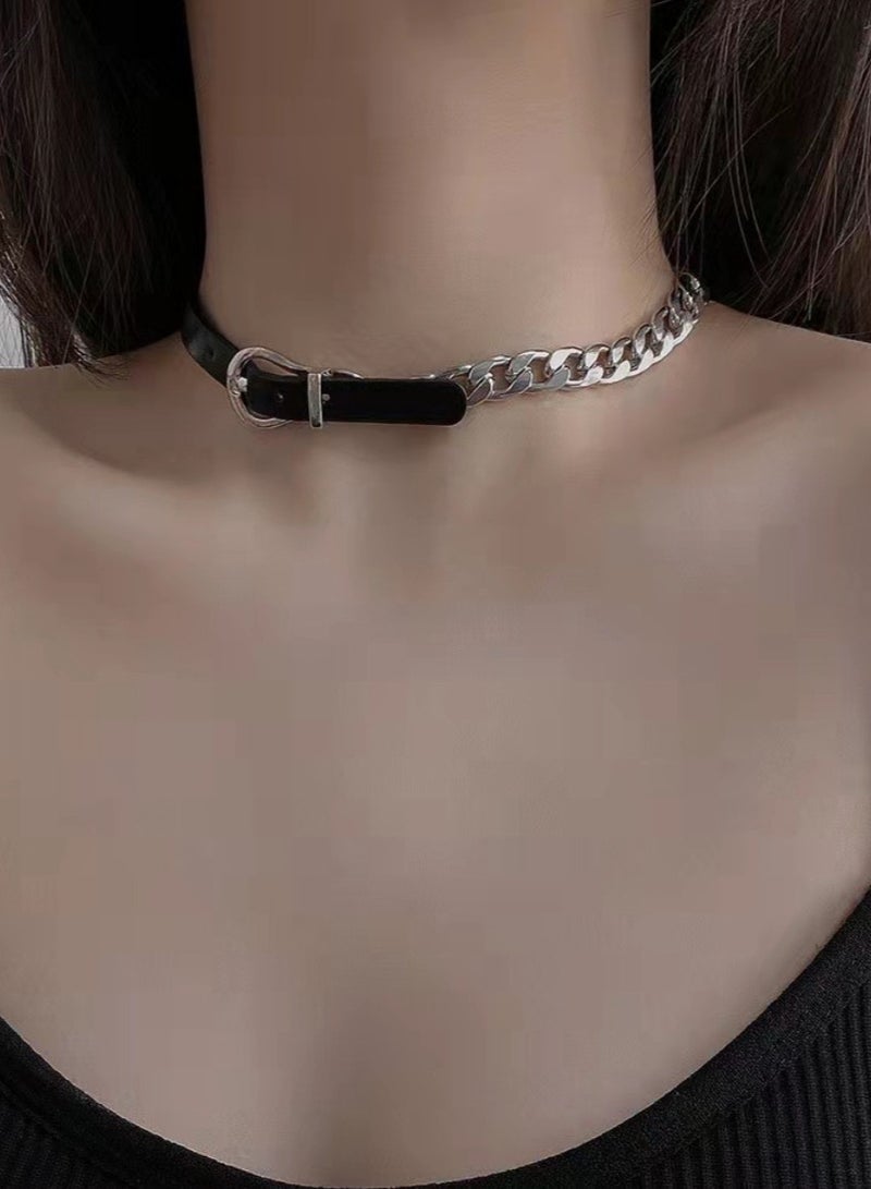 Stylish Black Leather Choker with Edgy Lock Chain necklace  - Image 3