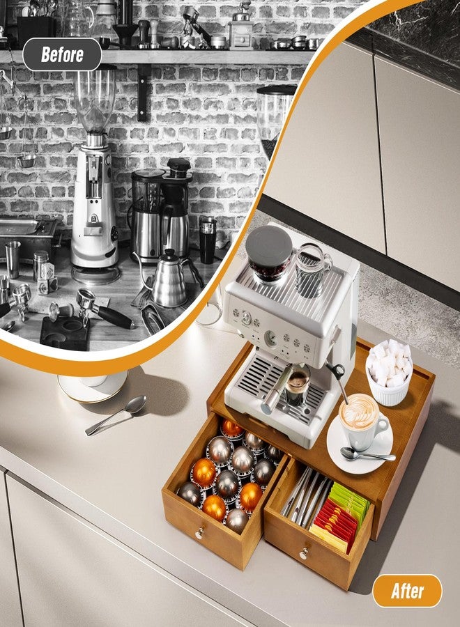 Inlisy 15.8"L X 11.8"W X 4"H Wooden K cup Storage, Keurig Stand With Storage, Coffee Pod Holder Organizer, Desktop Kitchen Storage with 2 Drawers, 30/40/60 Pod Capacity, Natural - Image 4