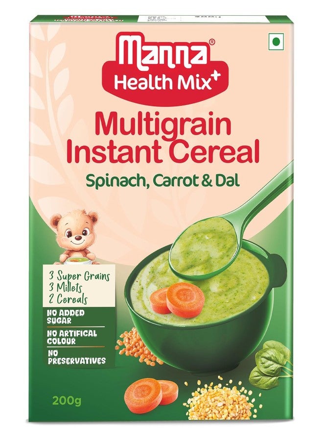 Manna Health Mix Instant Multigrain Cereal, Spinach, Carrot, Dal with Milk. Made with Real Vegetables and 8 super grains and millets. No Added Sugar, No Artificial Color, Flavors 200g - Image 1