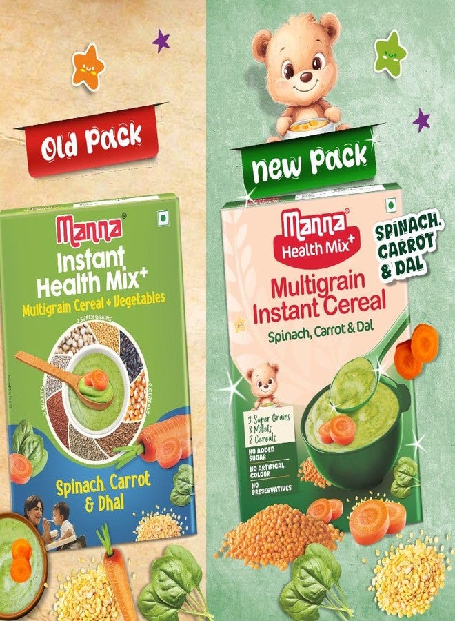 Manna Health Mix Instant Multigrain Cereal, Spinach, Carrot, Dal with Milk. Made with Real Vegetables and 8 super grains and millets. No Added Sugar, No Artificial Color, Flavors 200g - Image 2