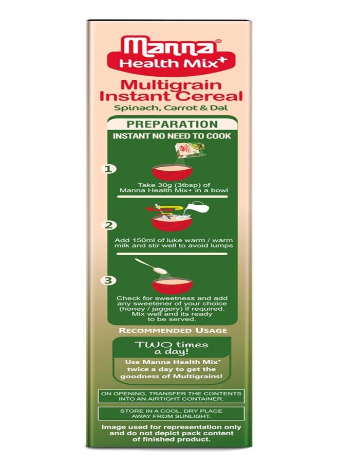 Manna Health Mix Instant Multigrain Cereal, Spinach, Carrot, Dal with Milk. Made with Real Vegetables and 8 super grains and millets. No Added Sugar, No Artificial Color, Flavors 200g - Image 4