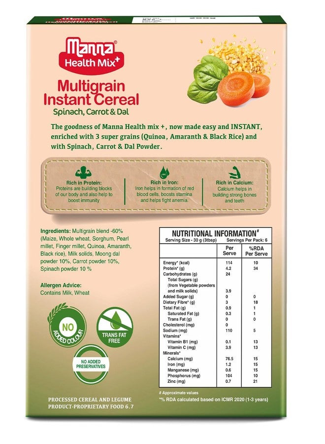 Manna Health Mix Instant Multigrain Cereal, Spinach, Carrot, Dal with Milk. Made with Real Vegetables and 8 super grains and millets. No Added Sugar, No Artificial Color, Flavors 200g - Image 3