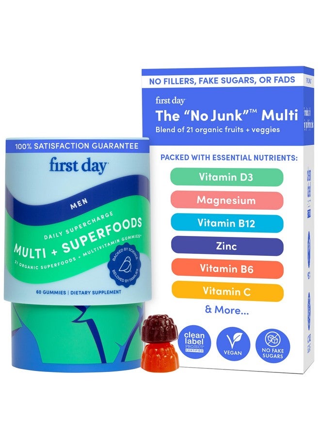 FIRST DAY Multivitamin for Men + Organic Fruit & Veggie Blend, Mens Multivitamins Gummies with 13 Key Nutrients for Energy, Focus, Immunity - Vitamins A, B1, B2, B6, B9, B12, C, D3, K - 30 Day Supply - Image 1