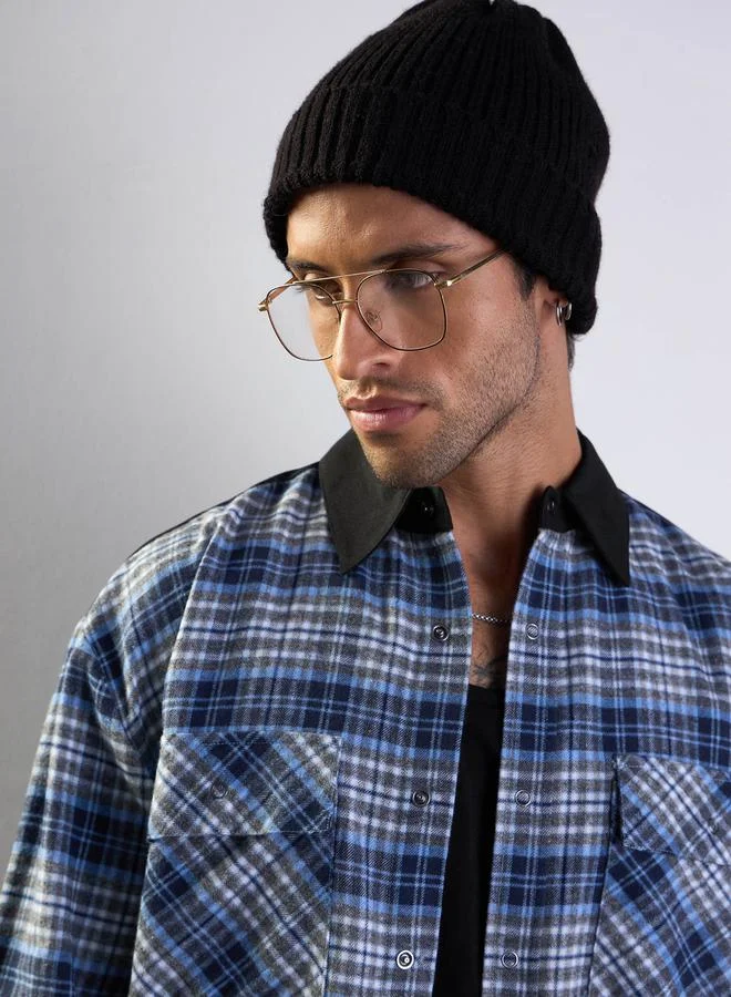 Mascln Sassafras Elbow Patch Oversized Checked Shirt with Pockets Detail by Styli