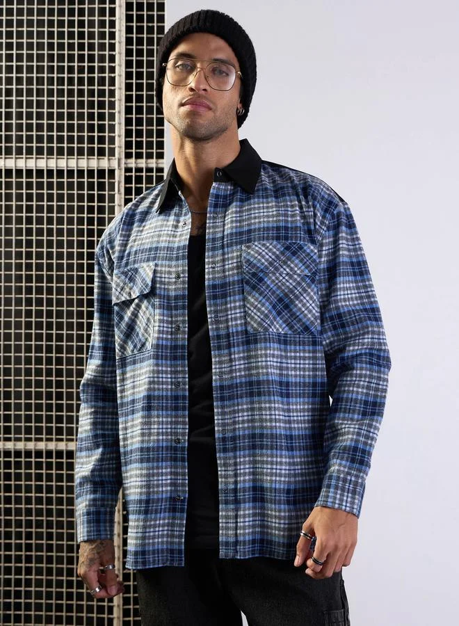 Mascln Sassafras Elbow Patch Oversized Checked Shirt with Pockets Detail by Styli