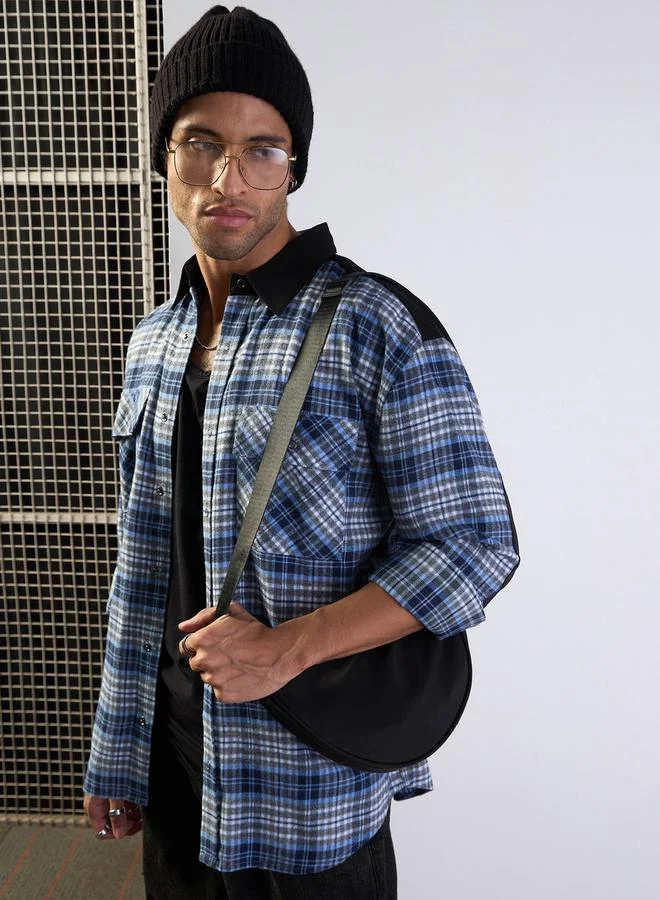 Mascln Sassafras Elbow Patch Oversized Checked Shirt with Pockets Detail by Styli