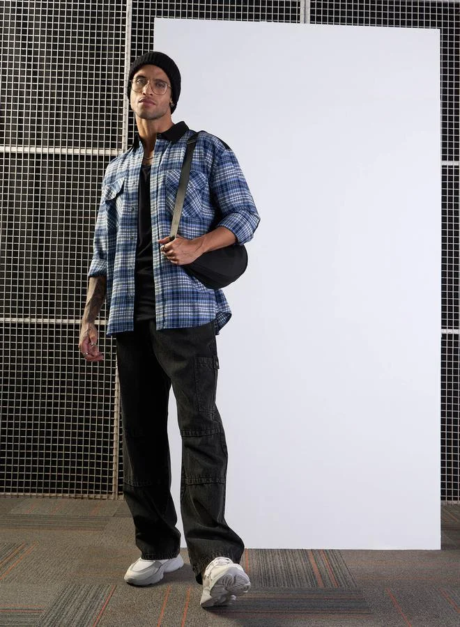 ماسكلن ساسافراس قميص أوفر سايز كاروهات بتفاصيل جيوب ورقعة على الكوع من ستايلي