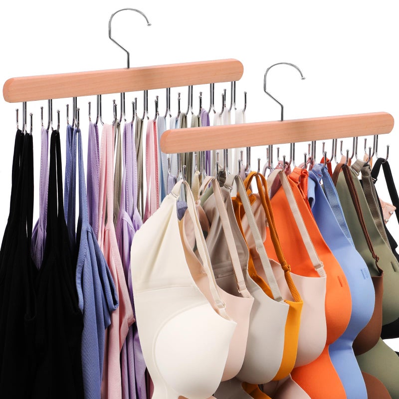 Xtujcya 2 Pack Tank Top Hanger, 40 Hooks Large Capacity Bra Hanger, Bra Hangers for Closet Organizer & Storage, Tank Top Hangers Space Saving, Standard Hangers for Sports Bras, Tank Top (Wood, 2 Pack) - Image 1