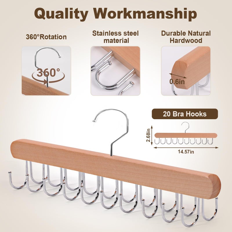 Xtujcya 2 Pack Tank Top Hanger, 40 Hooks Large Capacity Bra Hanger, Bra Hangers for Closet Organizer & Storage, Tank Top Hangers Space Saving, Standard Hangers for Sports Bras, Tank Top (Wood, 2 Pack) - Image 2