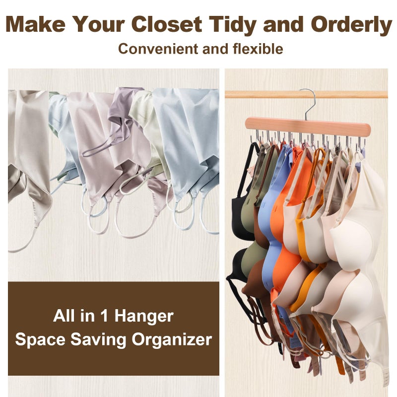 Xtujcya 2 Pack Tank Top Hanger, 40 Hooks Large Capacity Bra Hanger, Bra Hangers for Closet Organizer & Storage, Tank Top Hangers Space Saving, Standard Hangers for Sports Bras, Tank Top (Wood, 2 Pack) - Image 4