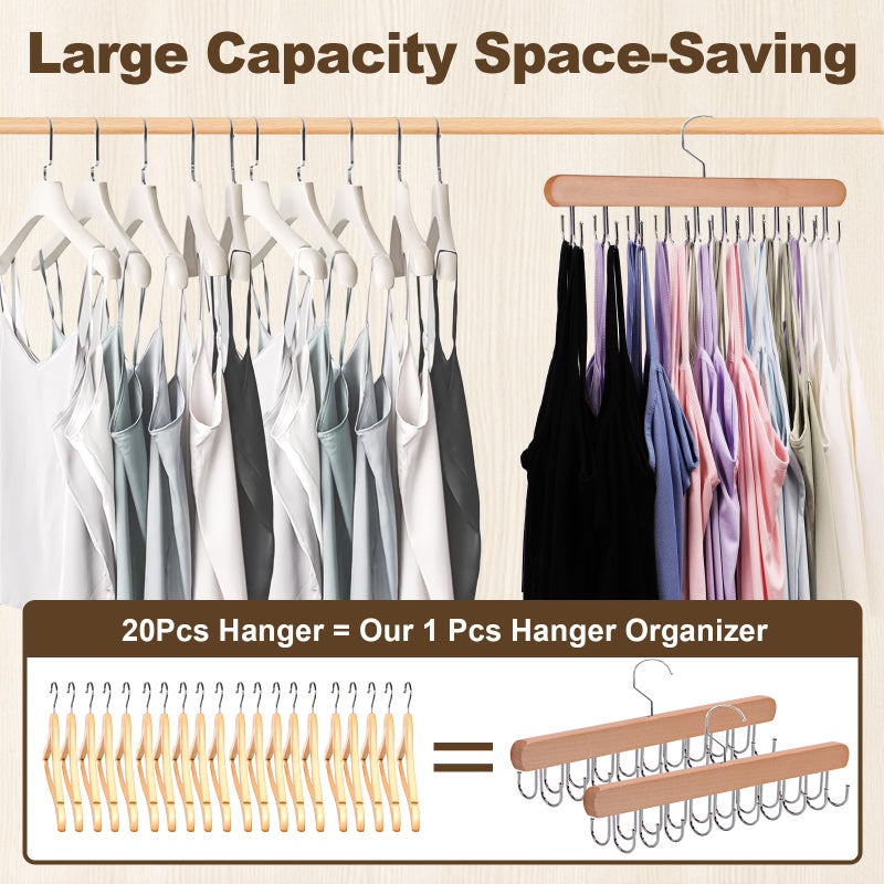 Xtujcya 2 Pack Tank Top Hanger, 40 Hooks Large Capacity Bra Hanger, Bra Hangers for Closet Organizer & Storage, Tank Top Hangers Space Saving, Standard Hangers for Sports Bras, Tank Top (Wood, 2 Pack) - Image 3