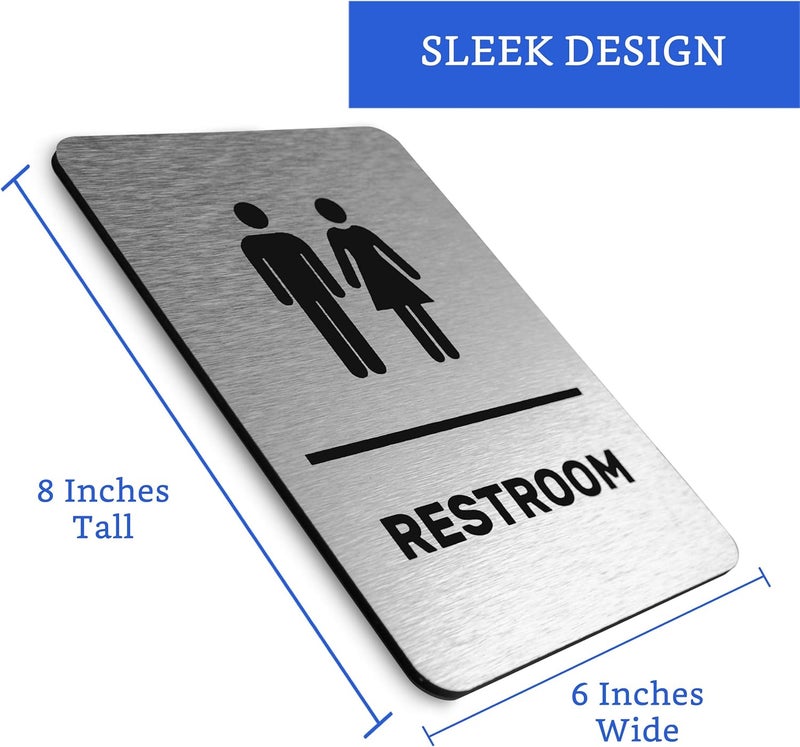 GLOBE ROCKET Brushed Aluminum Unisex Restroom Sign - Men and Women Modern Restroom Sign - Bathroom Sign Decor - Bathroom Door Signs - Restroom Signs for Business - Bathroom Signage - Image 2