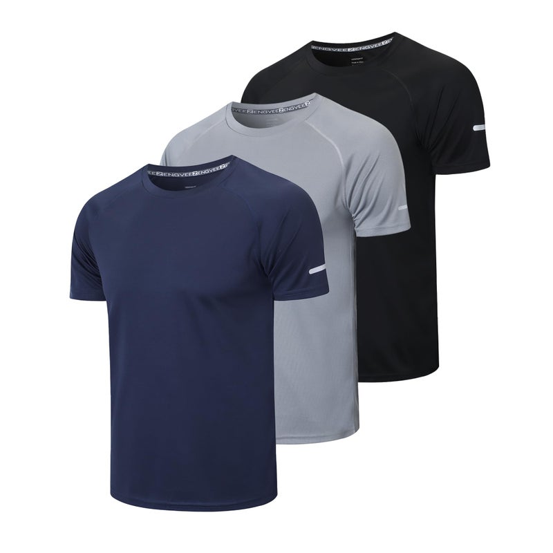 frueo Men's 3 Pack Running Shirts Quick Dry Moisture Wicking Short Sleeve Mesh Workout Training T-Shirts,520,Black Gray Navy,XL