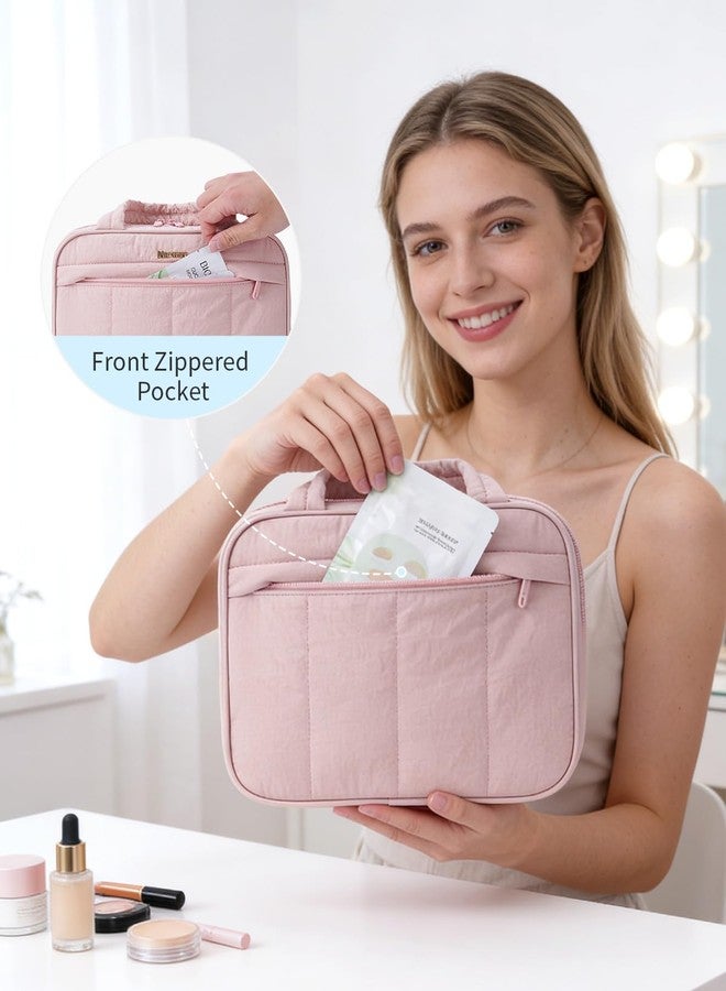 Narwey Hanging Travel Toiletry Bag for Women, Quilted Makeup Bag Organizer with Handle, Portable Toiletries Bag for Travel Essentials, Accessories, Brushes, Cosmetics (Pink) - Image 4