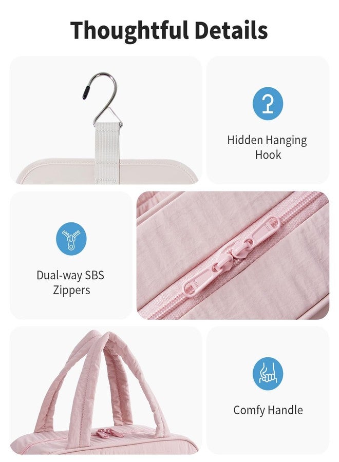 Narwey Hanging Travel Toiletry Bag for Women, Quilted Makeup Bag Organizer with Handle, Portable Toiletries Bag for Travel Essentials, Accessories, Brushes, Cosmetics (Pink) - Image 5