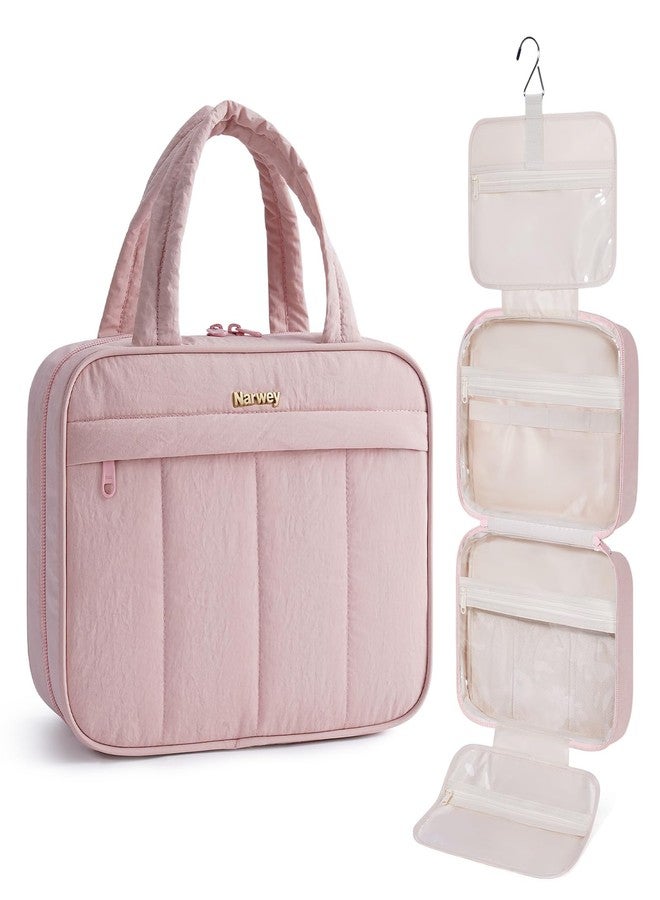 Narwey Hanging Travel Toiletry Bag for Women, Quilted Makeup Bag Organizer with Handle, Portable Toiletries Bag for Travel Essentials, Accessories, Brushes, Cosmetics (Pink) - Image 1