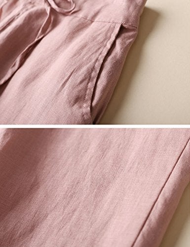 IXIMO Women's Tapered Pants 100% Linen Drawstring Back Elastic Waist Pants Trousers with Pockets Pink M - Image 4