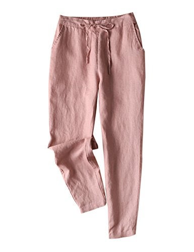 IXIMO Women's Tapered Pants 100% Linen Drawstring Back Elastic Waist Pants Trousers with Pockets Pink M - Image 1