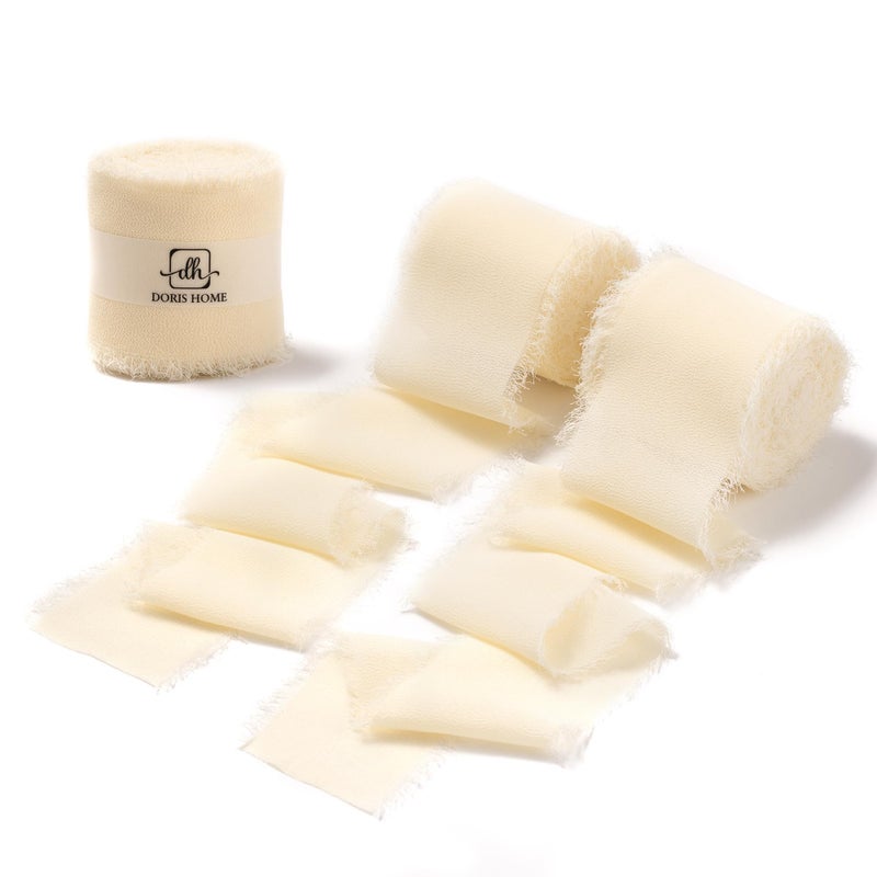 DORIS HOME Cream Chiffon Ribbon for Flower Bouquet 2 x21Yd Fabric Ribbon for Gift Wrapping Handmade Frayed Ribbon for Wedding Chiffon Silk Ribbon for Christmas Decorations